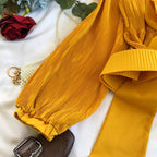 V-neck Pleated Tie Bow Ruffled Chiffon Shirt