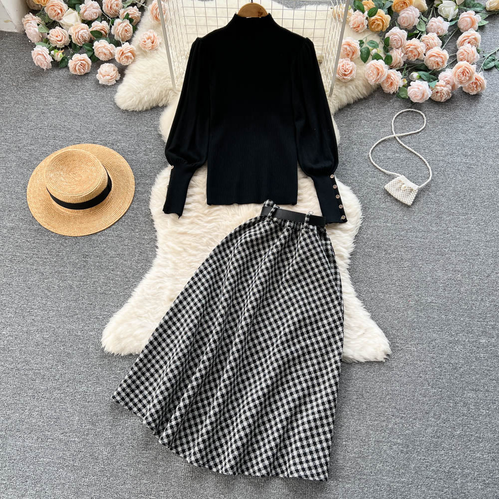 Turtleneck Sweater& Plaid Skirt 2Pcs Set