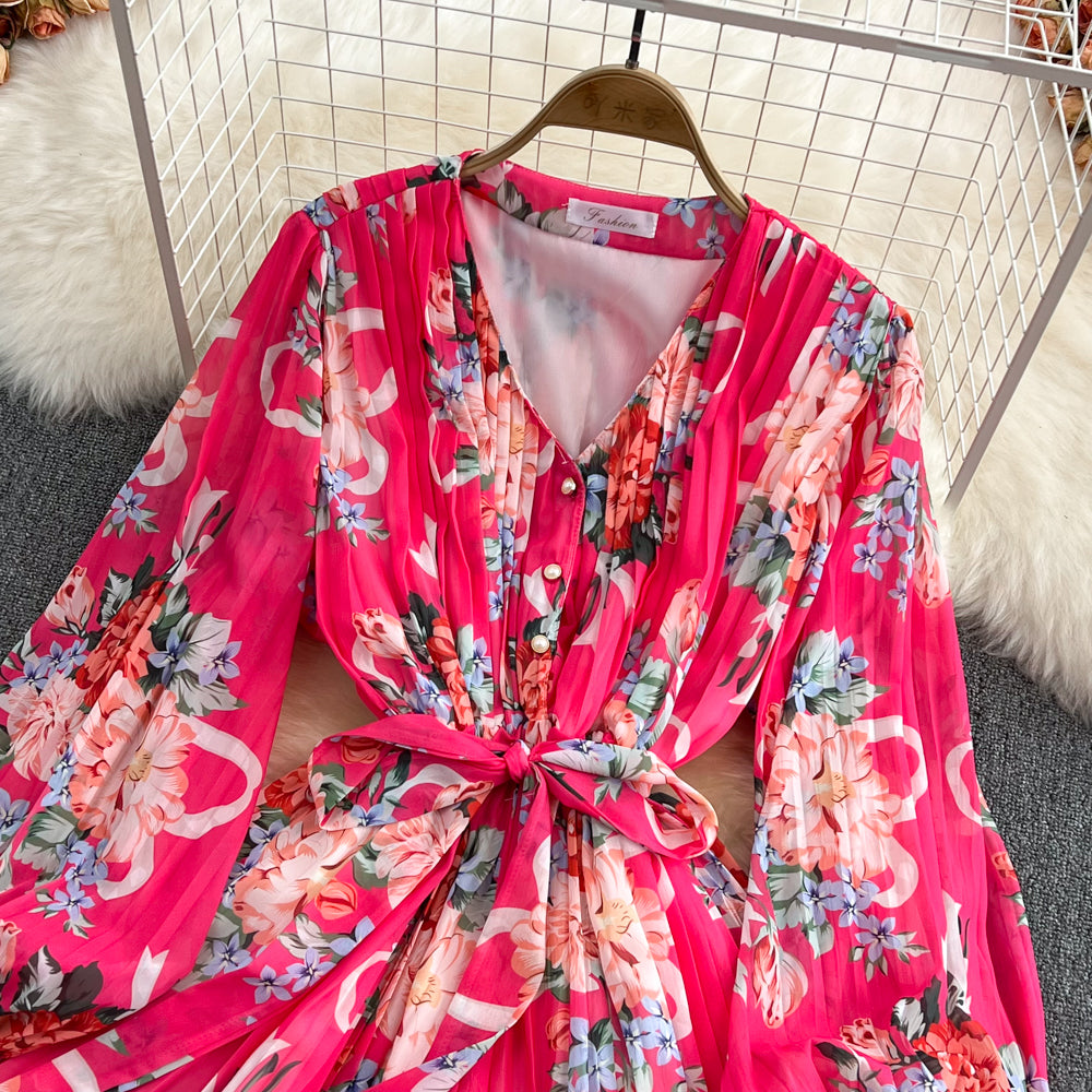 Neck Waist Print V-Neck Pleated Jumpsuit