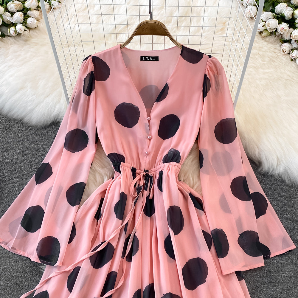 Flared Sleeve Polka Dot Print V-Neck Jumpsuit