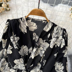 V-neck Flared-sleeve Floral Shirt