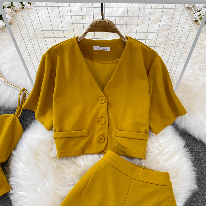 Camisole Short V-Neck Shirt Jacket Long Pants Three Piece