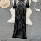 Crew Neck Rhinestone Studded Mesh Dress
