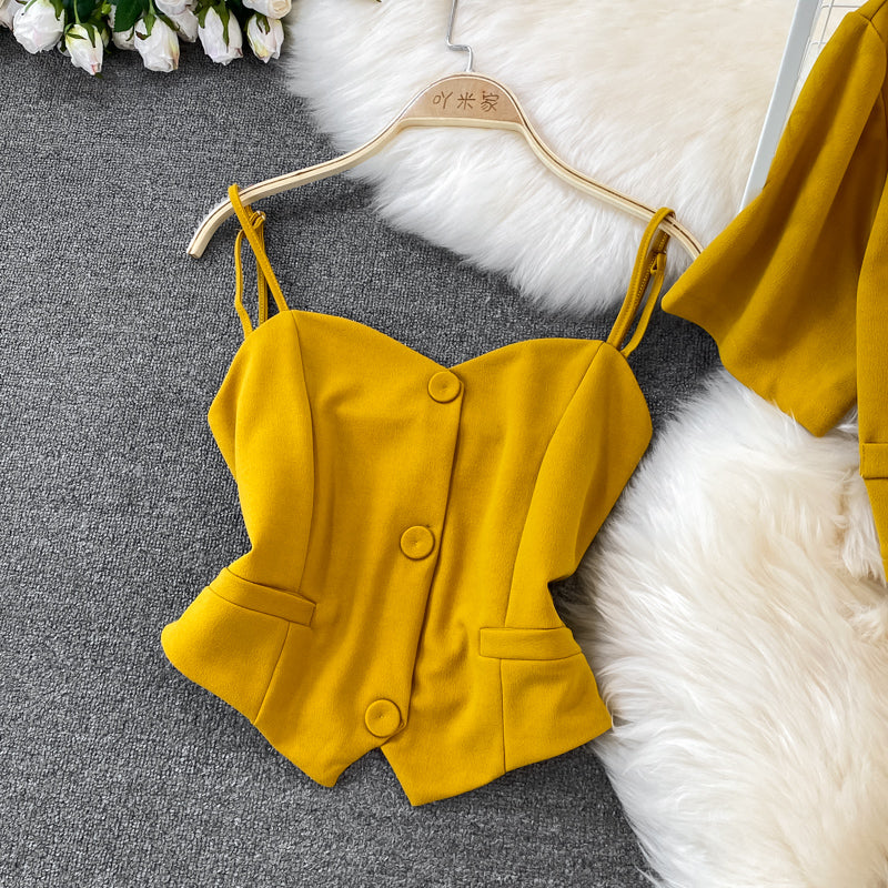 Camisole Short V-Neck Shirt Jacket Long Pants Three Piece