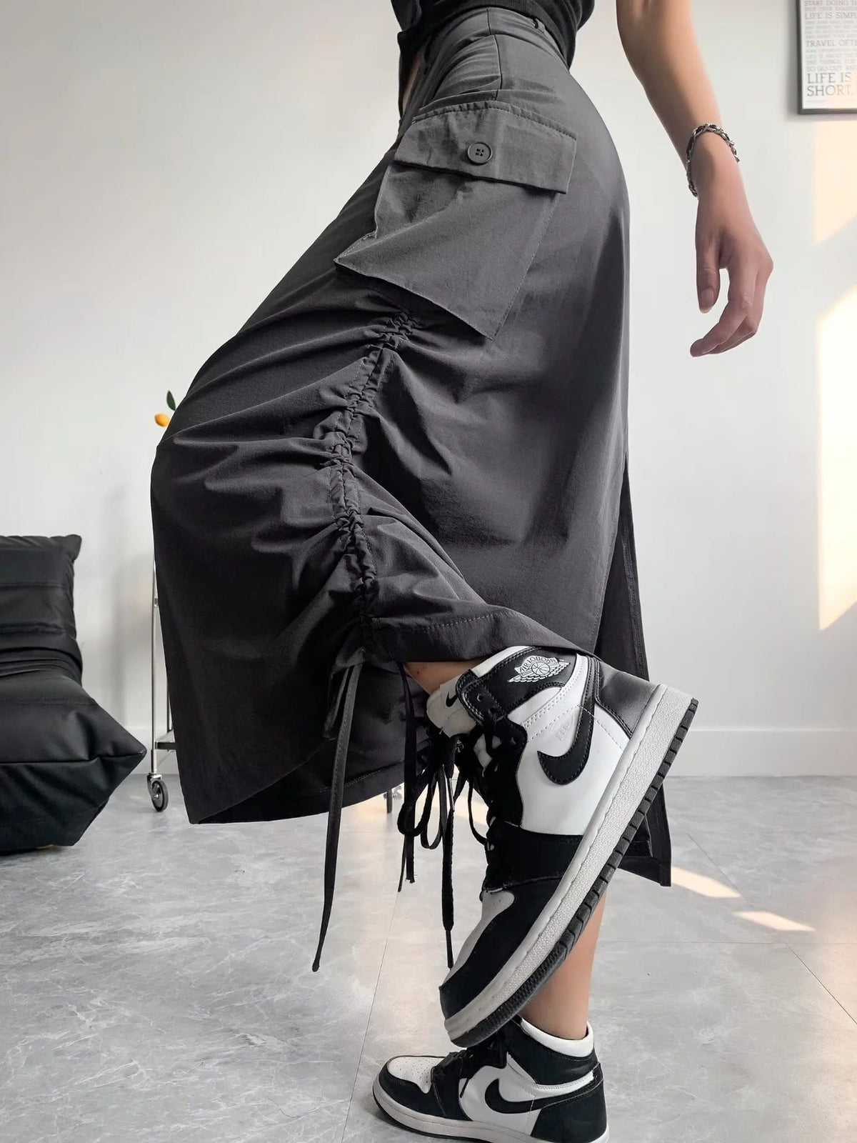 Cargo Skirt With High Waist Side Pockets And Slit Back