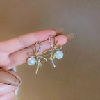 Pearl Earrings With Diamond Bow