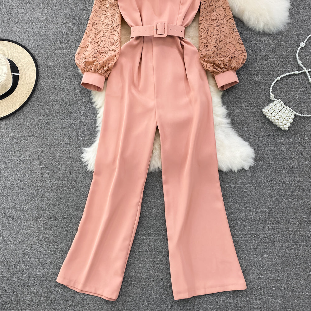 Vintage V-neck Lace Patchwork Jumpsuit