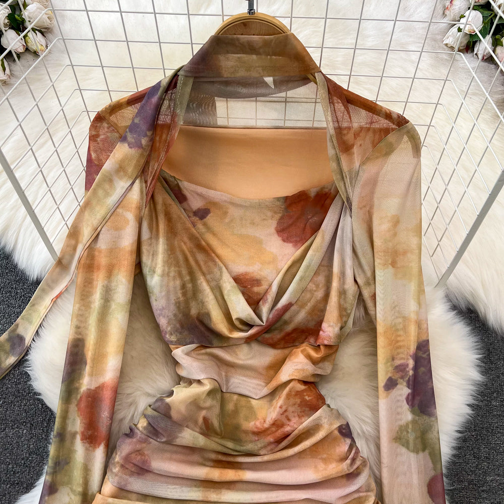 French Style Tie-dye Mesh Dress
