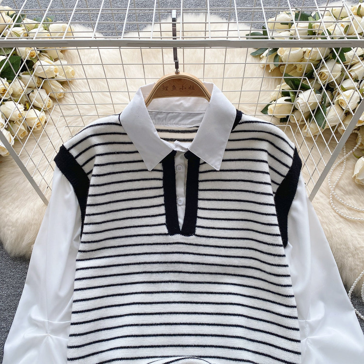Faux Two-pieces Patchwork Stripe Top