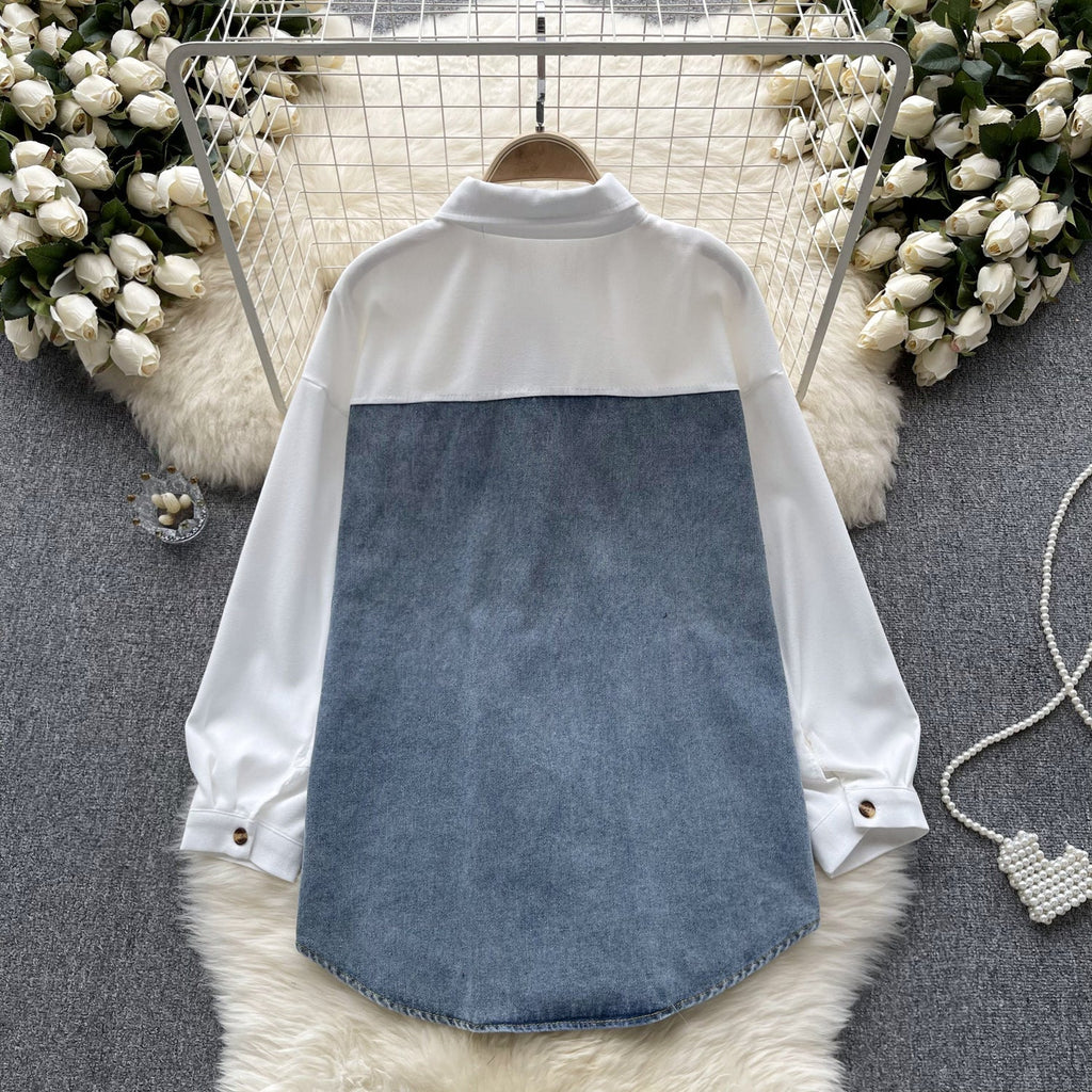 Color Blocking Denim Patchwork Shirt