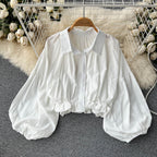 Puffy Sleeve Lapeled Short Blouse