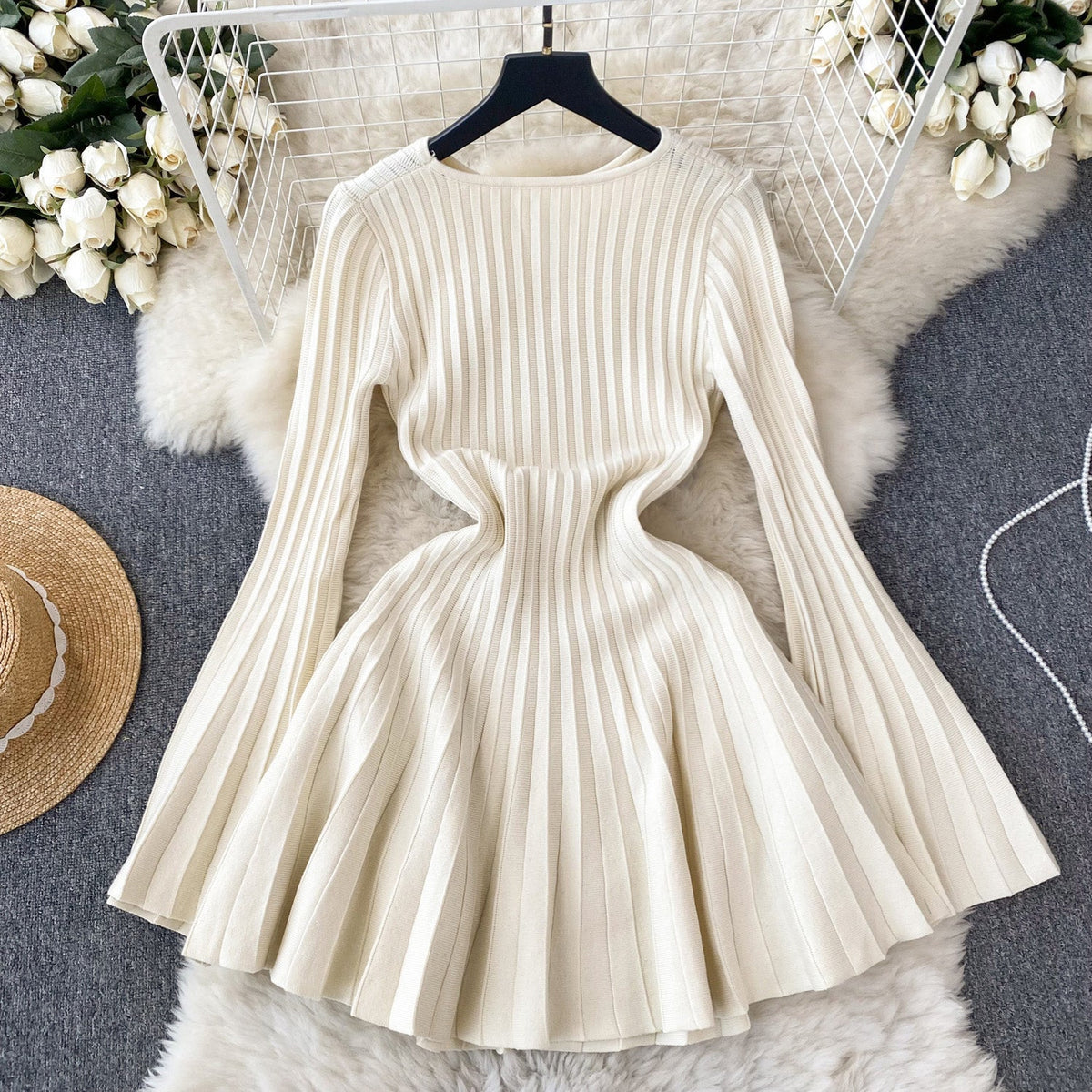 French Style Pleated Knitted Dress