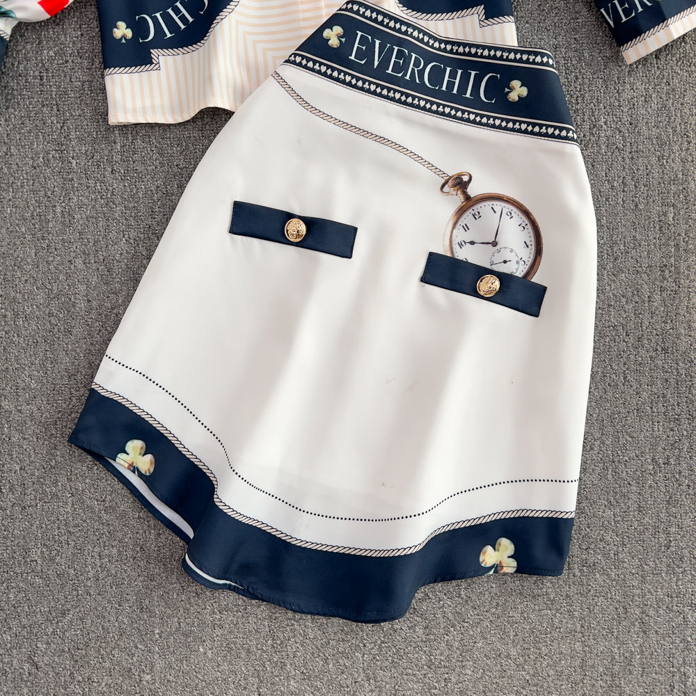 Bow Tie Chiffon Blouse&Skirt Two-piece