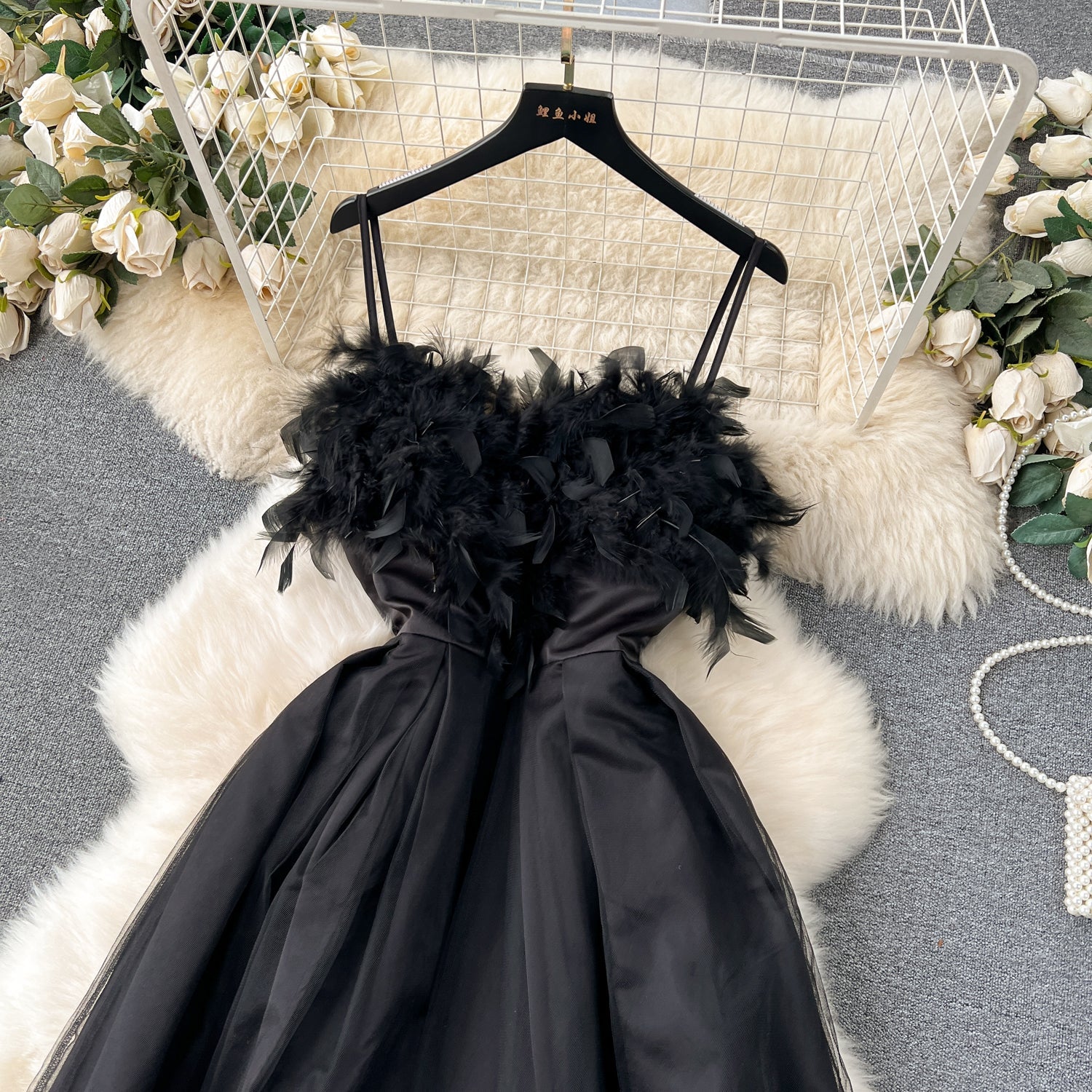 Vintage Feather Mesh Patchwork Slip Dress