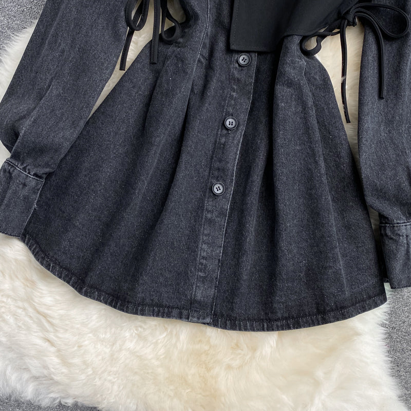 Fake Two Piece Waistcoat Lapel Denim Dress