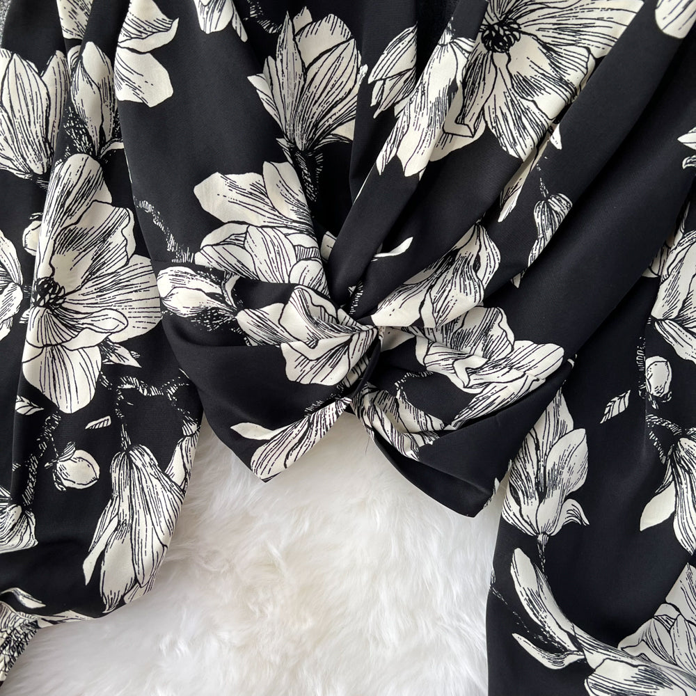 V-neck Flared-sleeve Floral Shirt