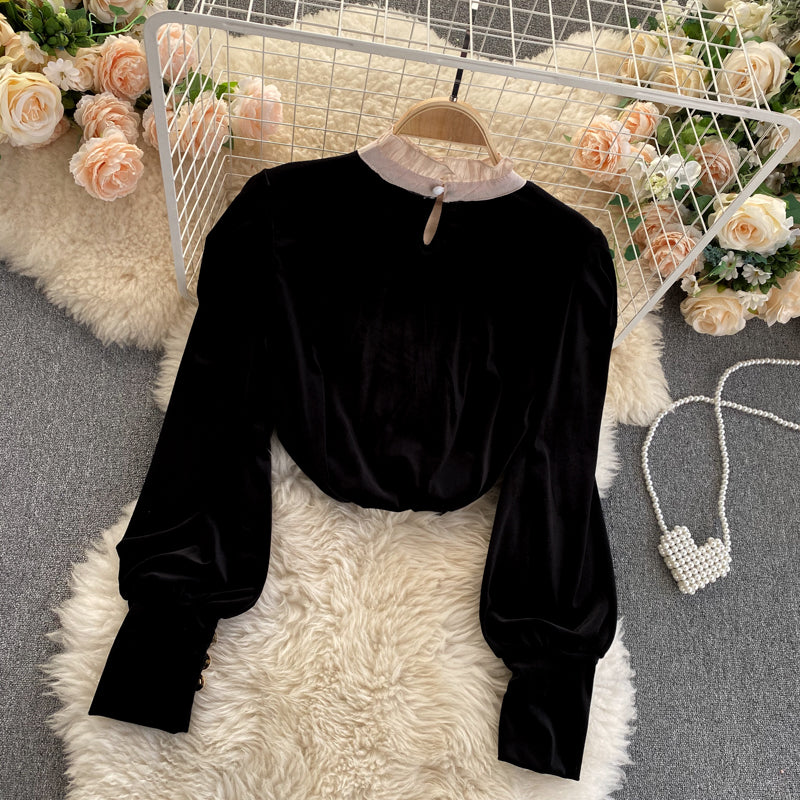 Collar Stitching Retro Velvet Sweater