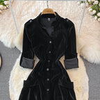 French Style Single-breasted Black Dress