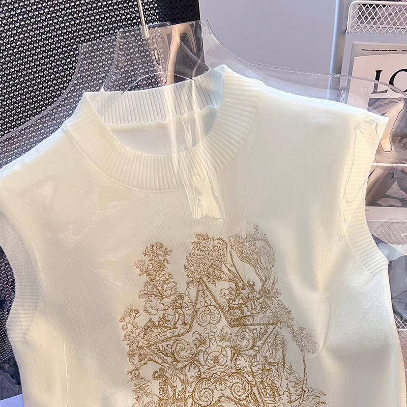 Vintage Embroidered Sleeveless Knitted Top