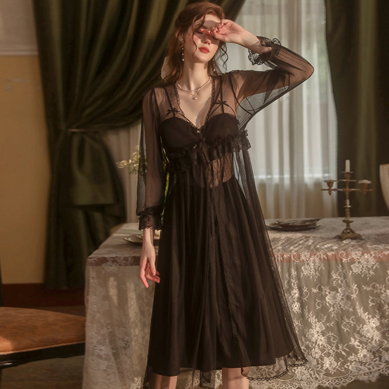 Bow-tie Lace Slip Dress&Mesh Robe