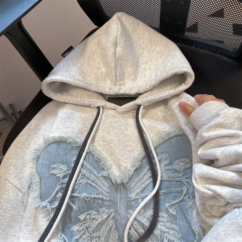 Denim Patch Butterfly Hooded Sweatshirt