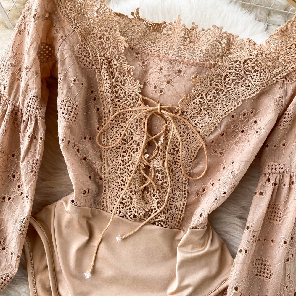 V-Neck Tie Cutout Embroidered Lace Shirt