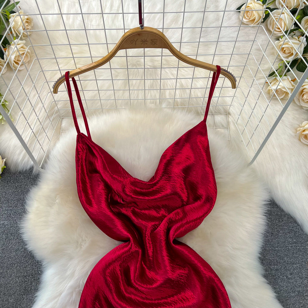 Vintage Draped Glossy Red Slip Dress