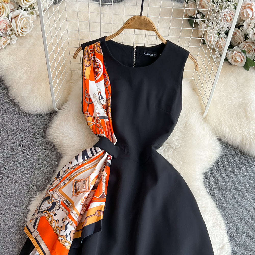 Vintage A-line Floral Ribbon Black Dress