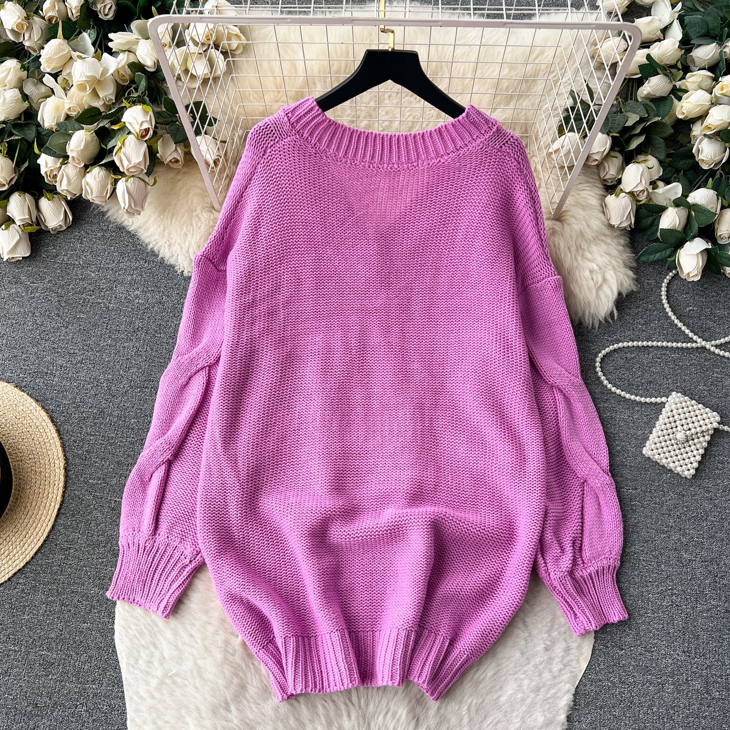 Purple Loose-fitting Long Sweater