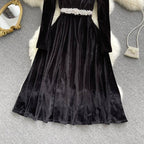 Black Gold Velvet Lace Stitching Dress
