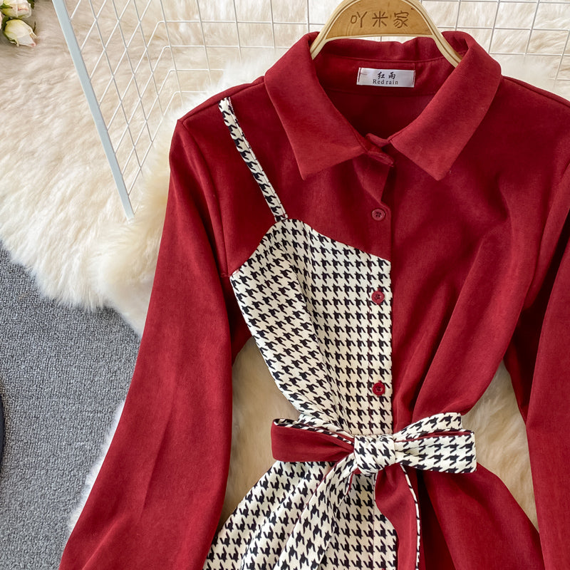 Tweed Panel Plaid Fake Two Piece Dress