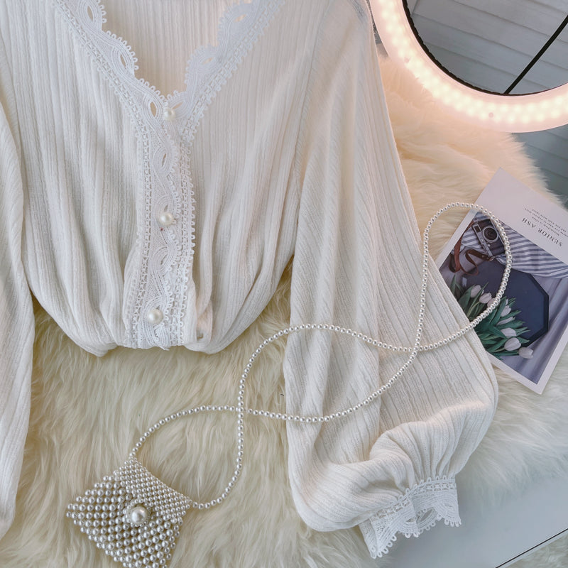 V-neck Shirt With Pleated Lace And Pearl Buttons