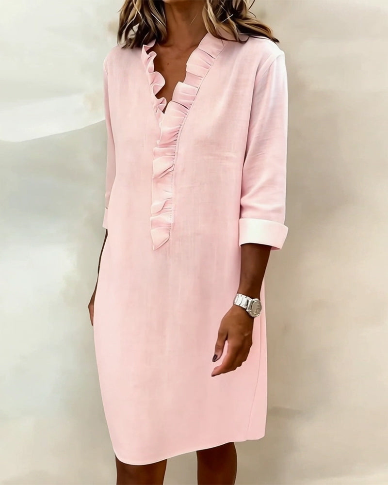 Ruffled V-Neck Solid Dress