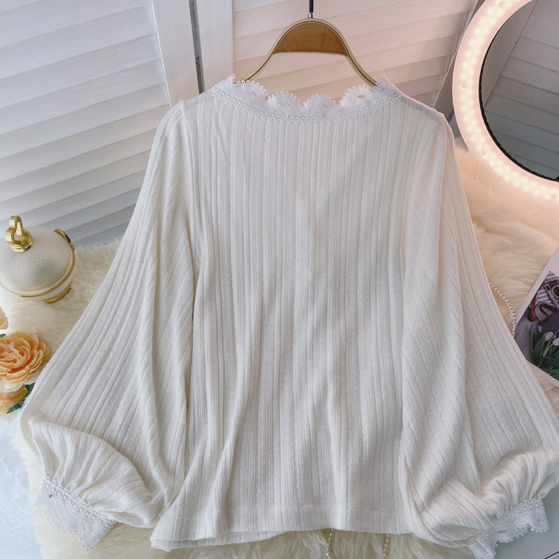 V-neck Shirt With Pleated Lace And Pearl Buttons
