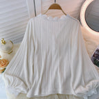 V-neck Shirt With Pleated Lace And Pearl Buttons