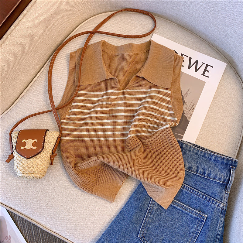 Lapeled Color-blocked Striped Knitted Top