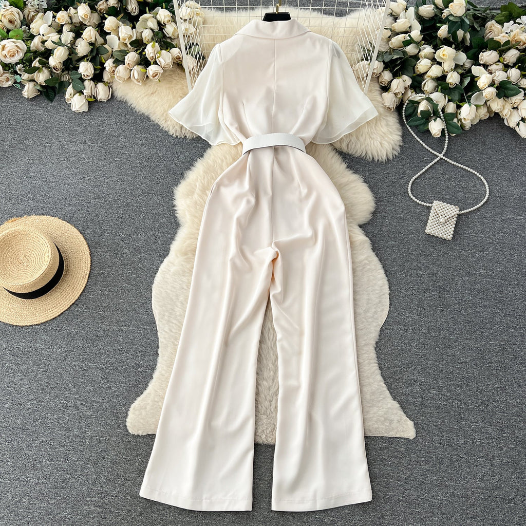 Mesh Patchwork Suit Collar Jumpsuit
