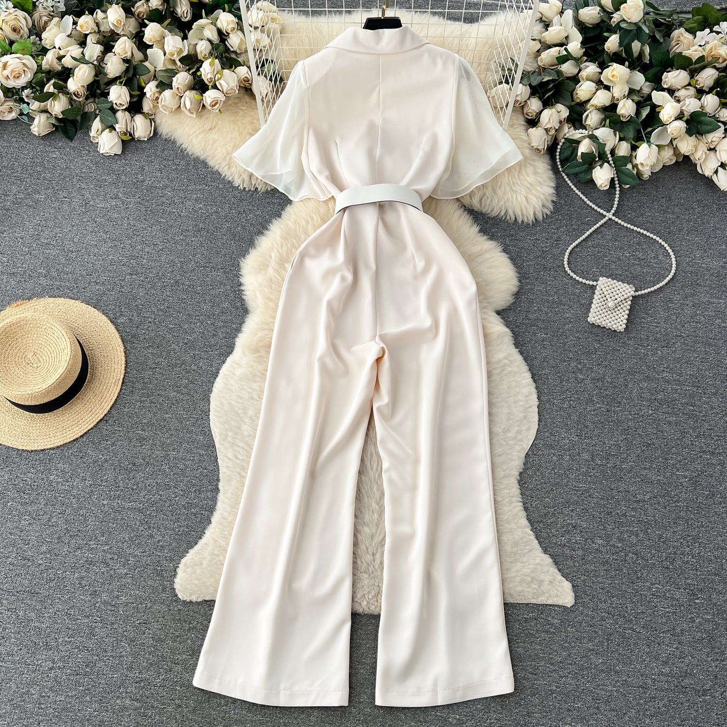 Mesh Patchwork Suit Collar Jumpsuit