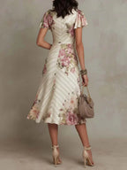 Alba | Elegant Midi Dress with Draped Floral Design