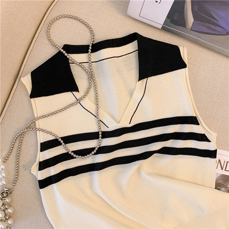 V-neck Lapeled Sleeveless Knitted Top