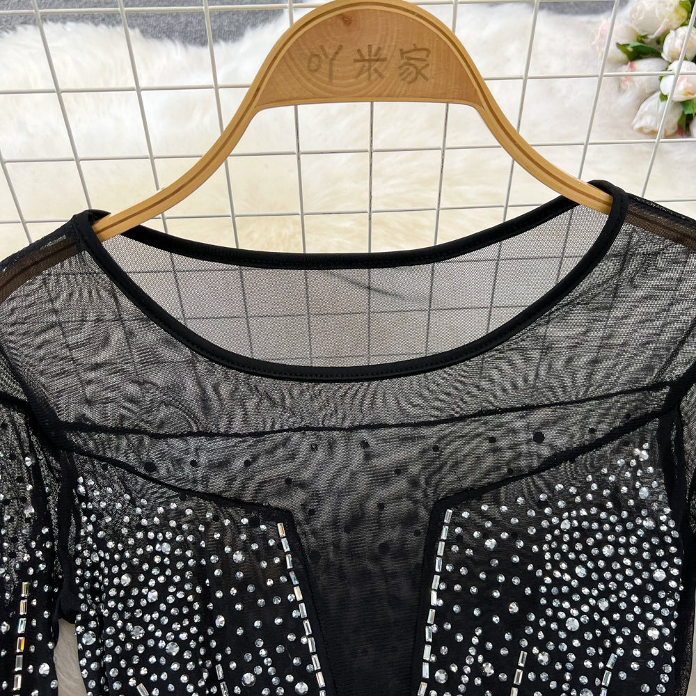 Crew Neck Rhinestone Studded Mesh Dress