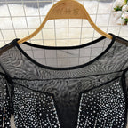 Crew Neck Rhinestone Studded Mesh Dress