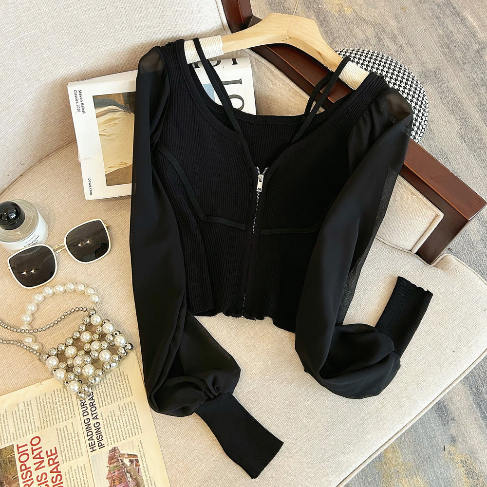 Patchwork Hooded Halter Zipped Top