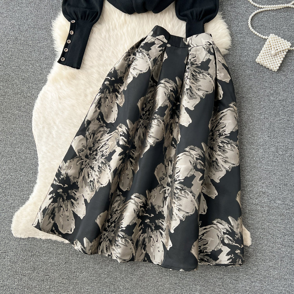 Turtleneck Sweater&Jacquard Skirt 2Pcs