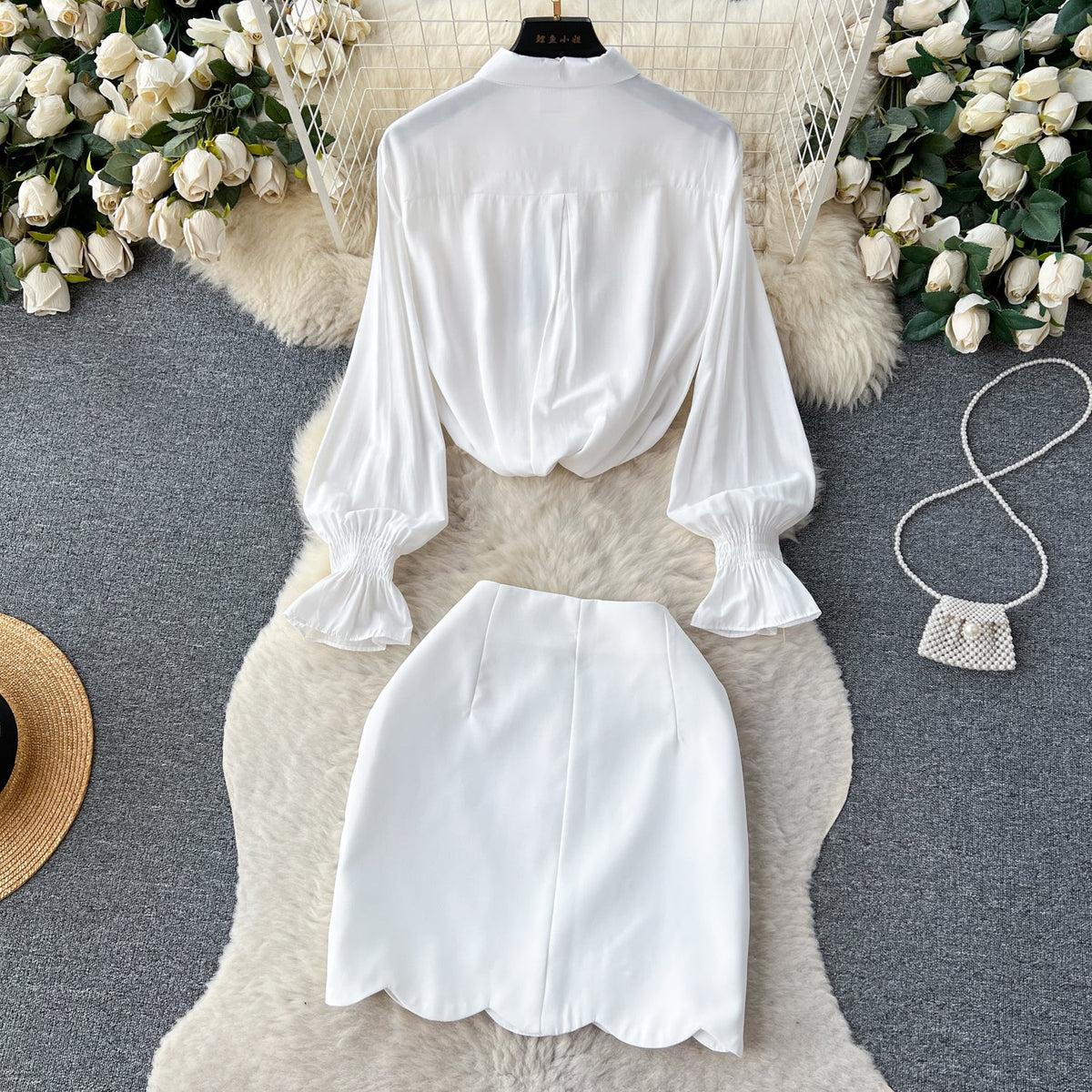 Bow-tie Shirt&Beaded Skirt 2Pcs