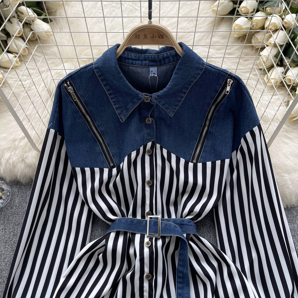 Niche Striped Patchwork Denim Shirt