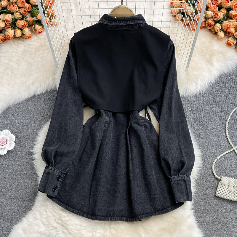 Fake Two Piece Waistcoat Lapel Denim Dress