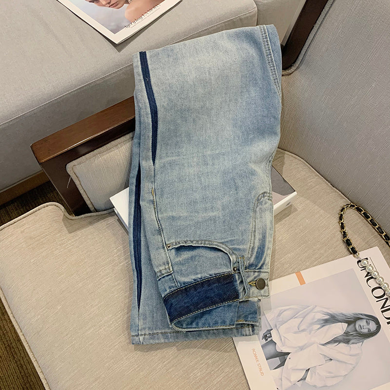 Retro Color-blocking Distressed Straight Jeans