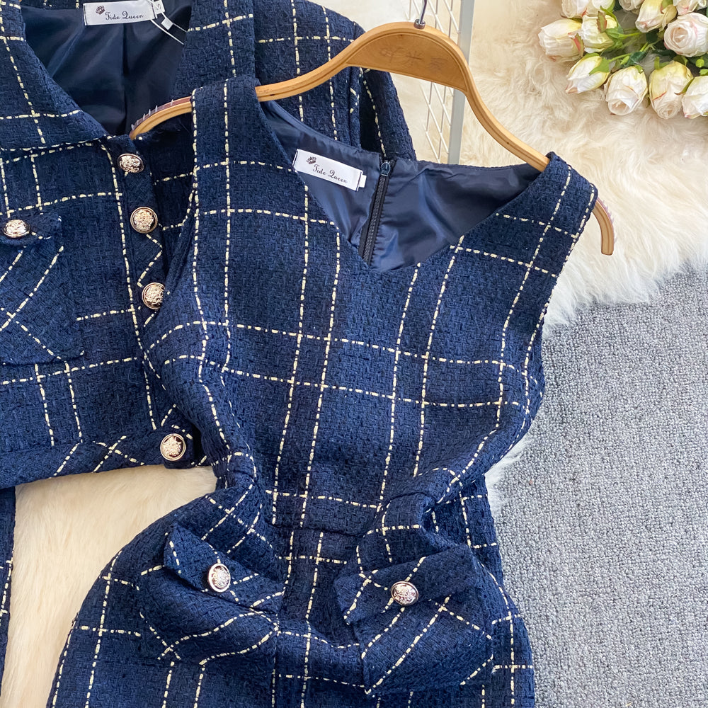 Tweed Plaid Blazer&Skirt 2Pcs