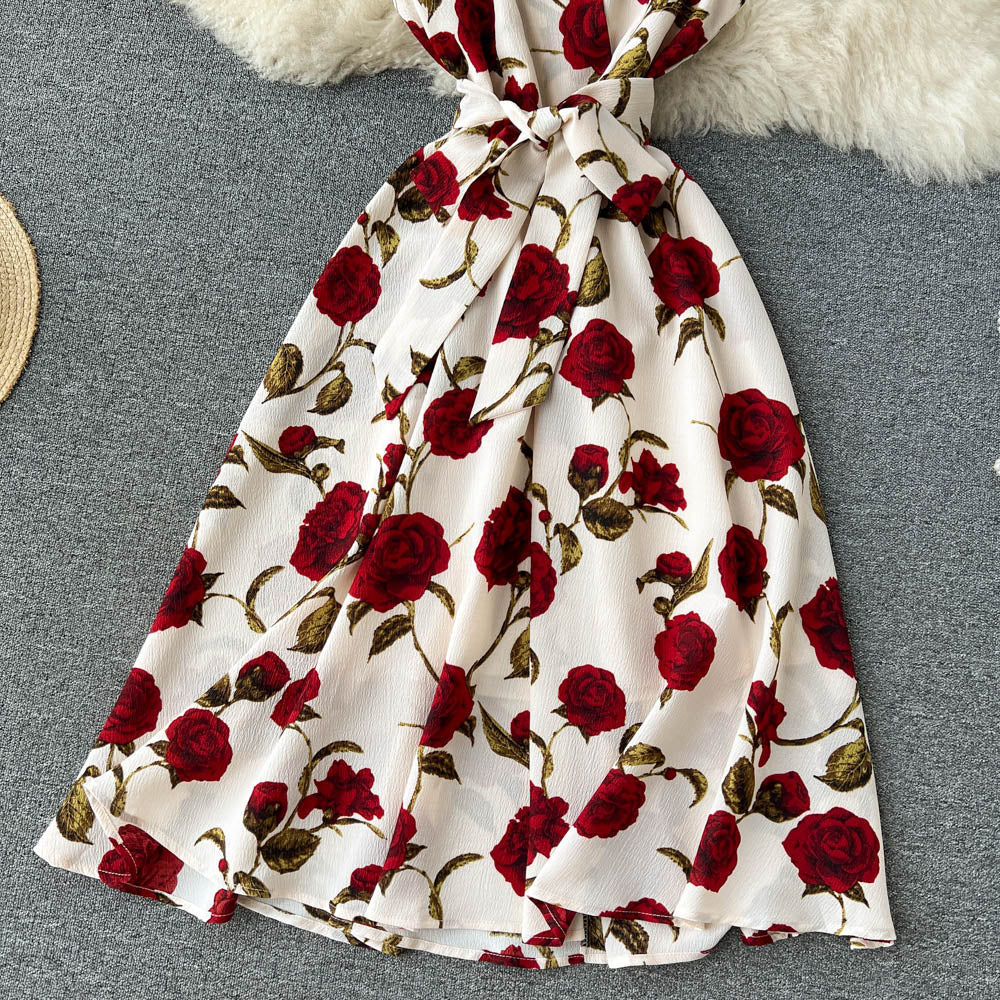 Printed Lace-up Waist-skimming Dress